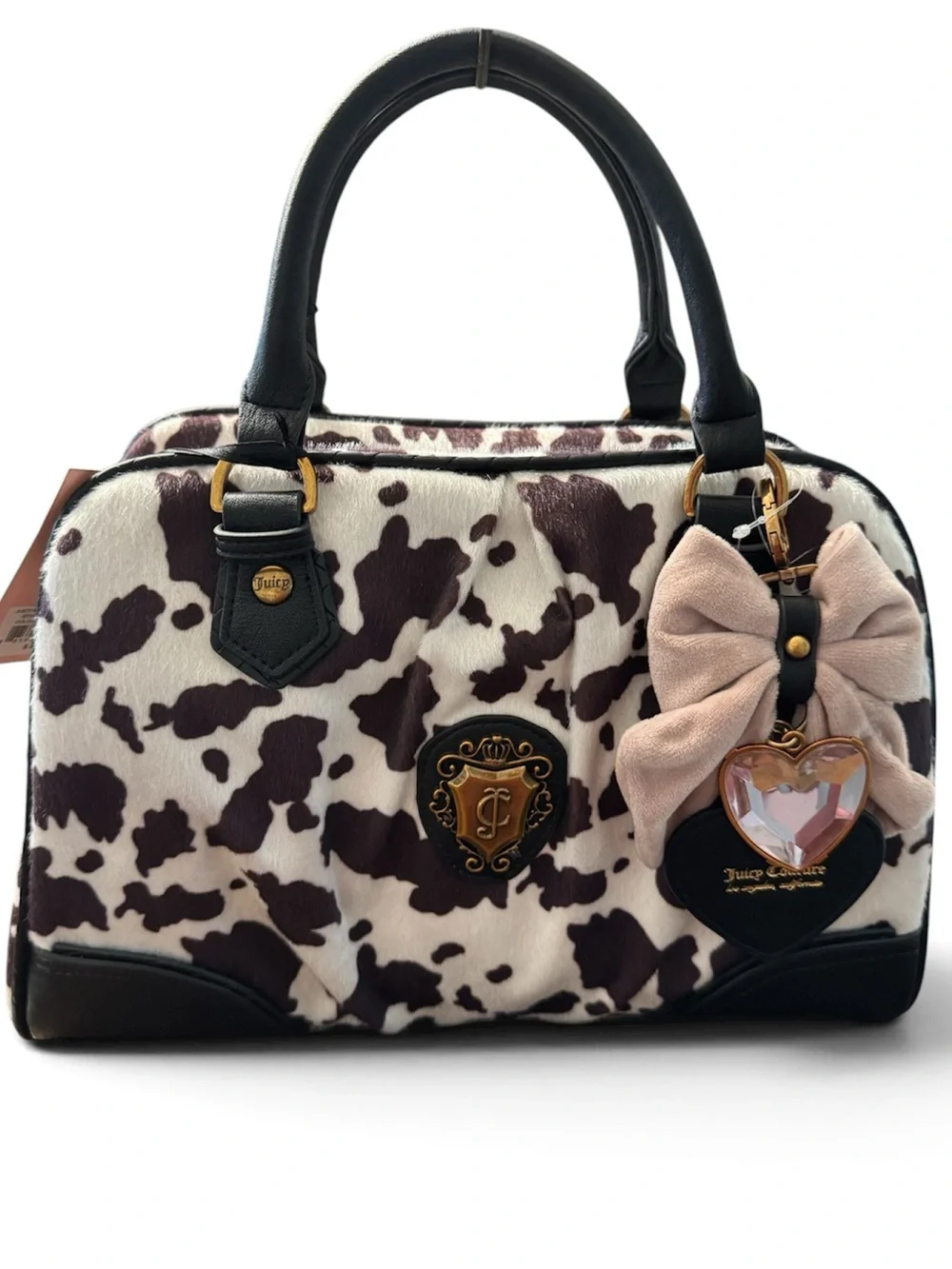 Juicy Couture Textured Cow Print Satchel with Pink Bow Charm